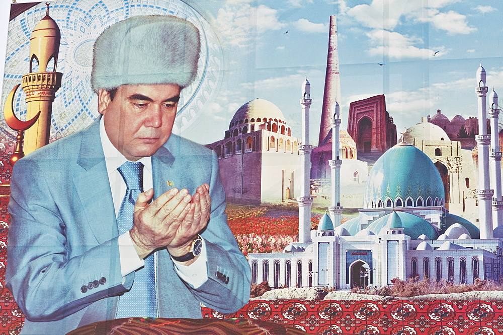 Propaganda poster of Turkmenbashi the former leader of Turkmenistan, Central Asia, Asia