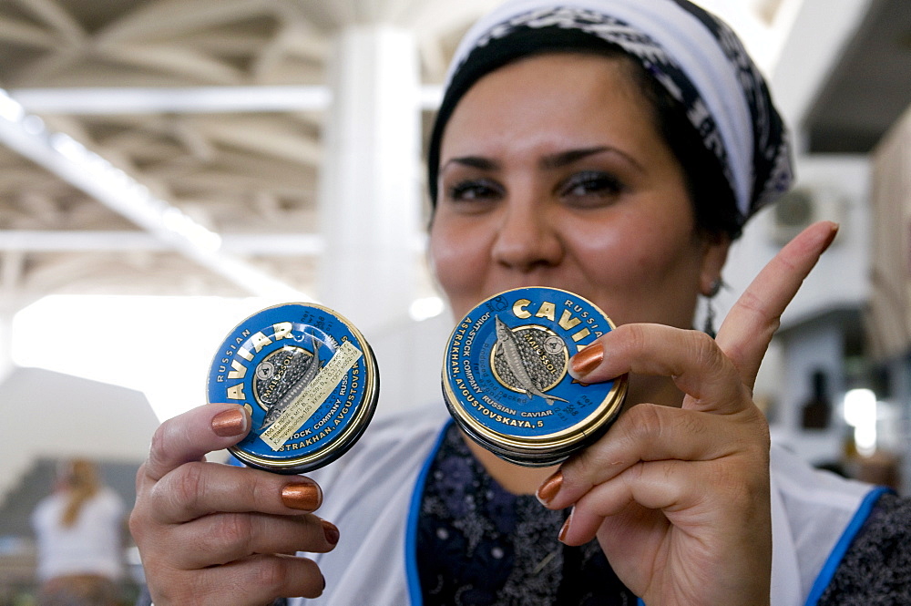 Bazari woman selling caviar, Central Bazaar, Ashgabad, Turkmenistan, Central Asia, Asia