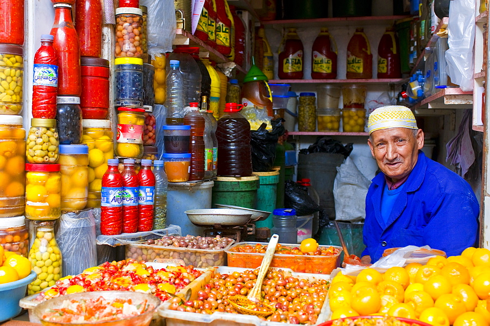 Old man selling vegetables and olives in the bazaar of Safi, Morocco, North Africa, Africa