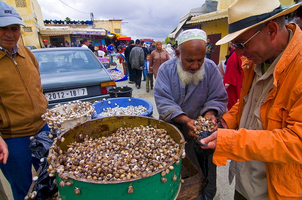 Man selling snails in the bazaar of Meknes, Morocco, North Africa, Africa