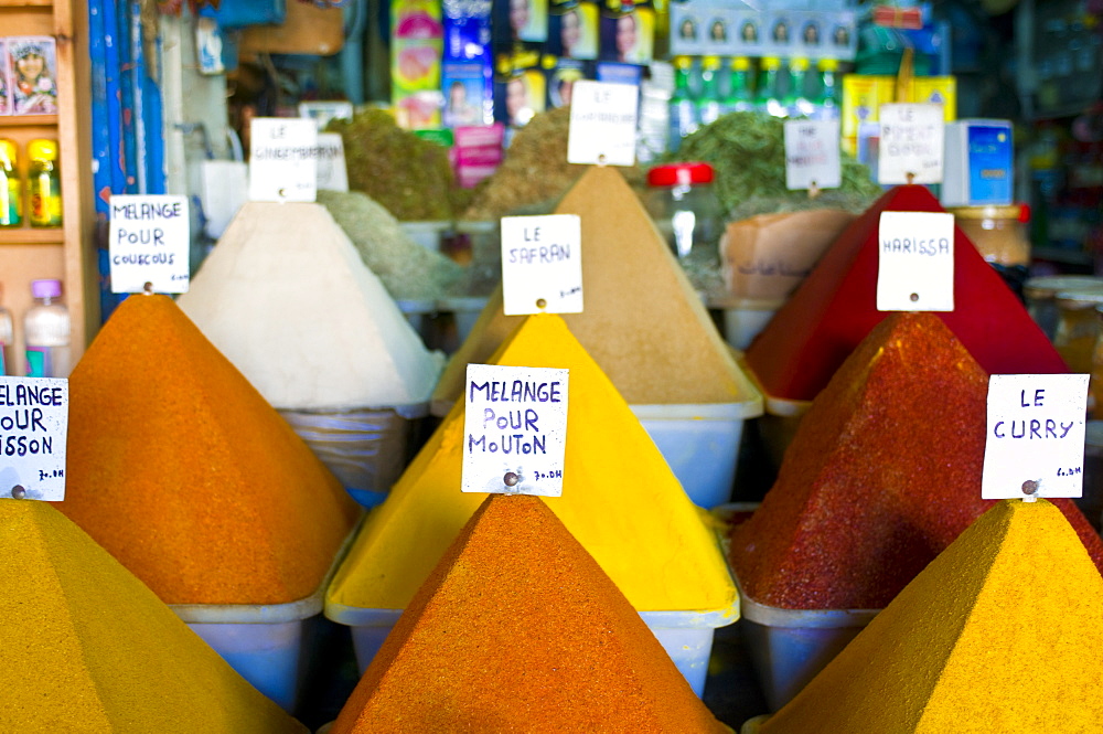 Colourful spices in the souk of the coastal city of Essaouira, Morocco, North Africa, Africa