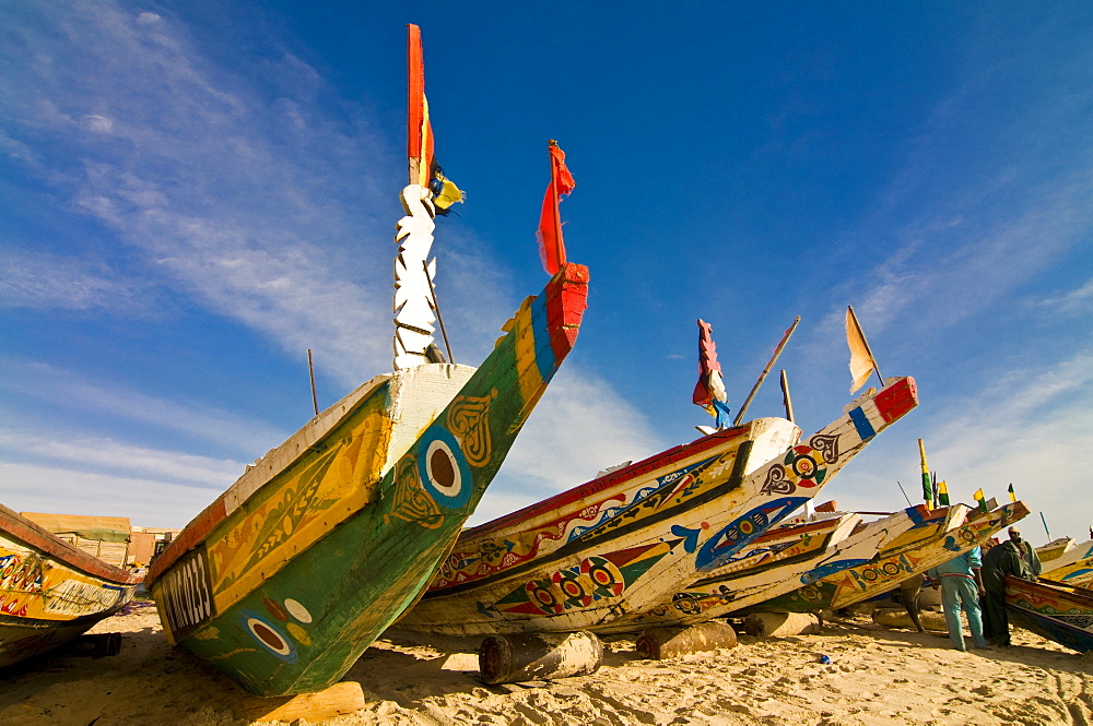 Colourful fishing boats at the fishing habour, Nouakchott, Mauritania, Africa