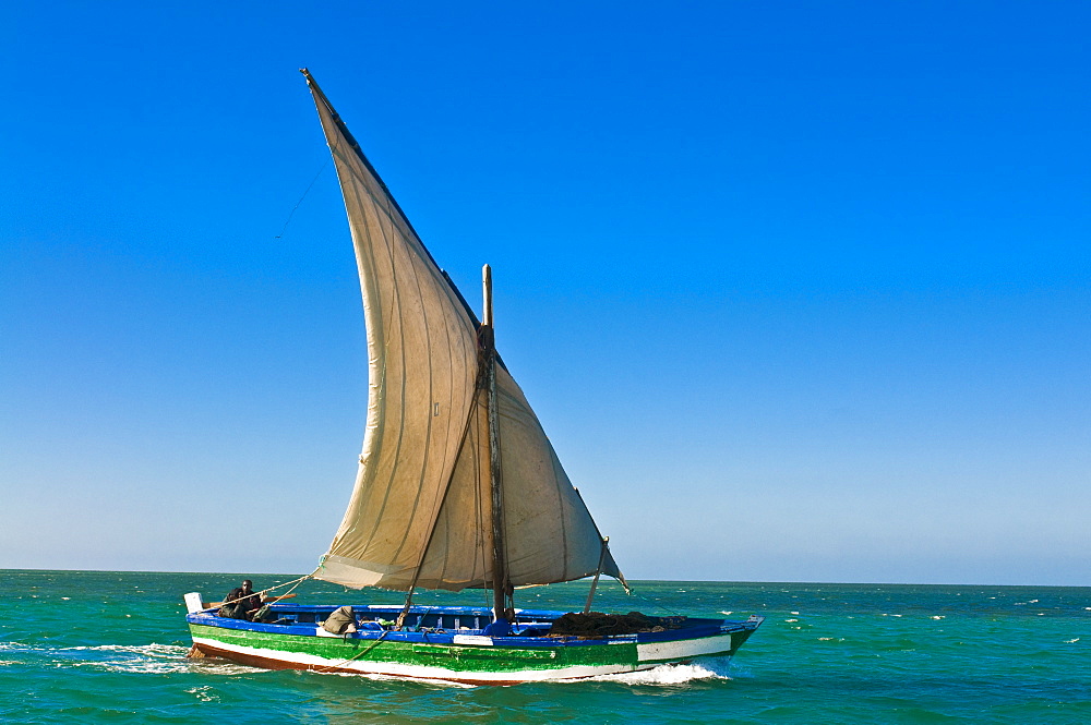 Traditional sailing boat in waters of the Banc d'Arguin, Mauritania, Africa