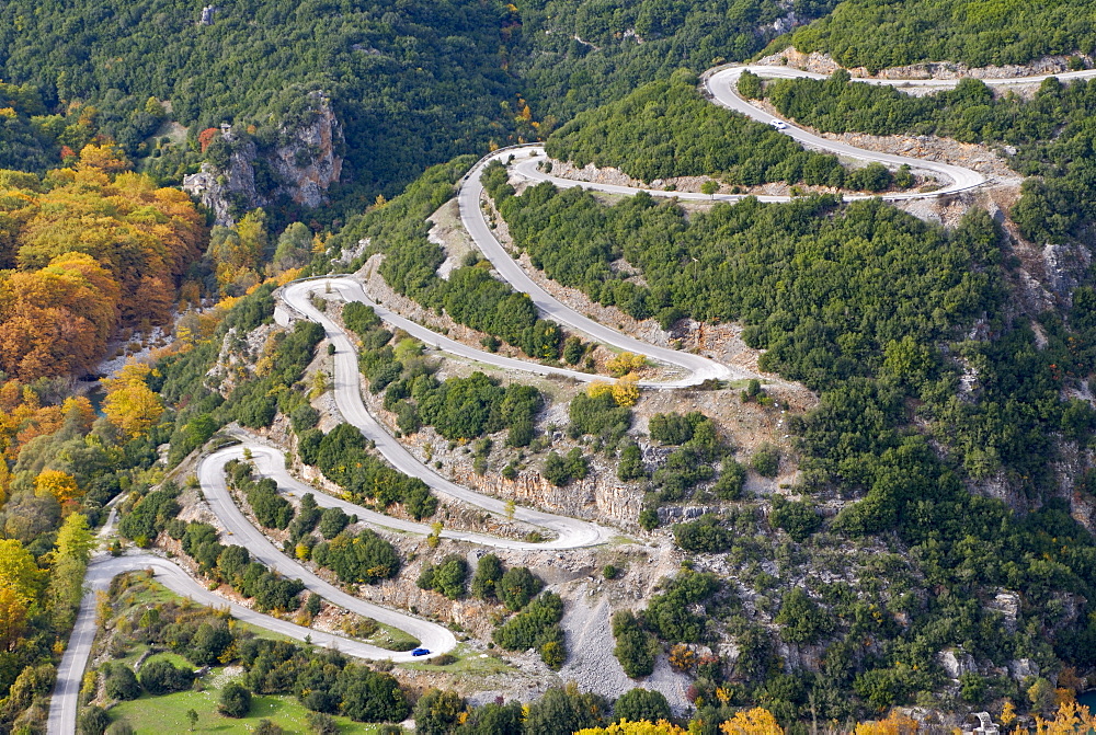 Serpentine road in the Zagorohroia mountains, Greece, Europe