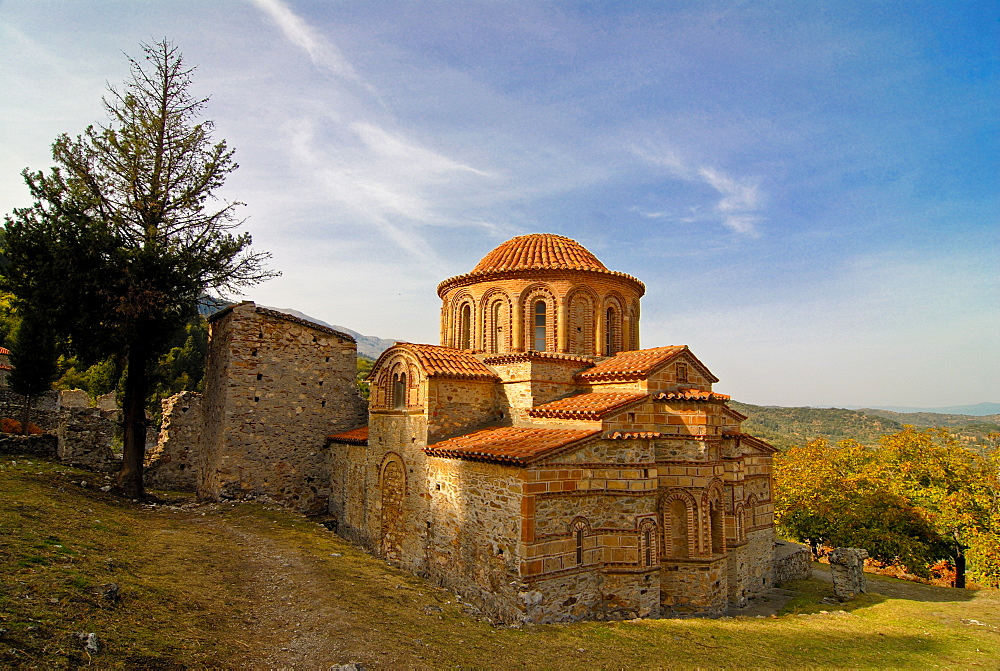 Rebuilt Orthodox church in Mystras, UNESCO World Heritage Site, Peloponnese, Greece, Europe