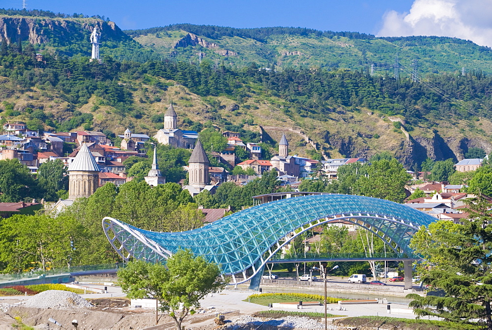 View over the old town of Tiblisi with a new constructed pedestrian bridge, Tiblisi, Georgia, Caucasus, Central Asia, Asia