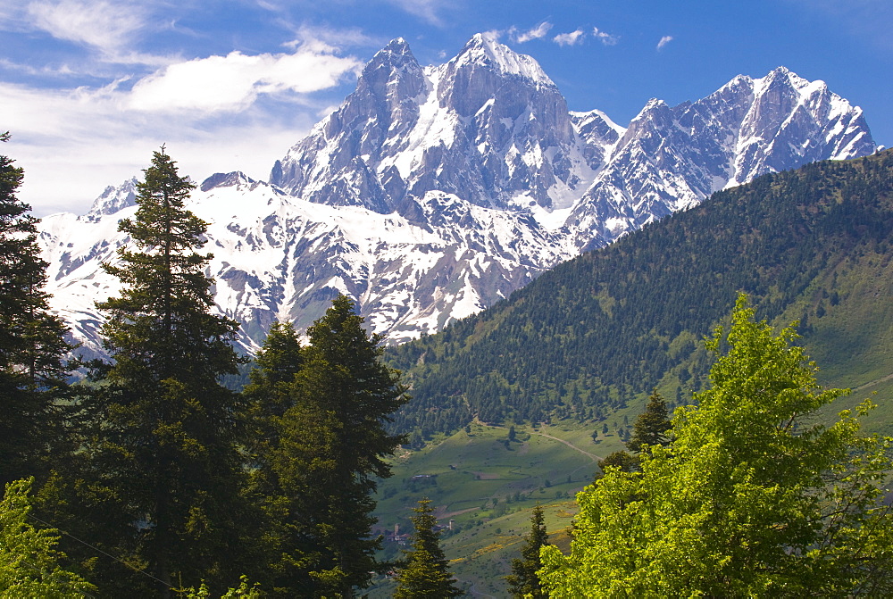 Wonderful mountain scenery of Svanetia with Mount Ushba in the background, Georgia, Caucasus, Central Asia, Asia