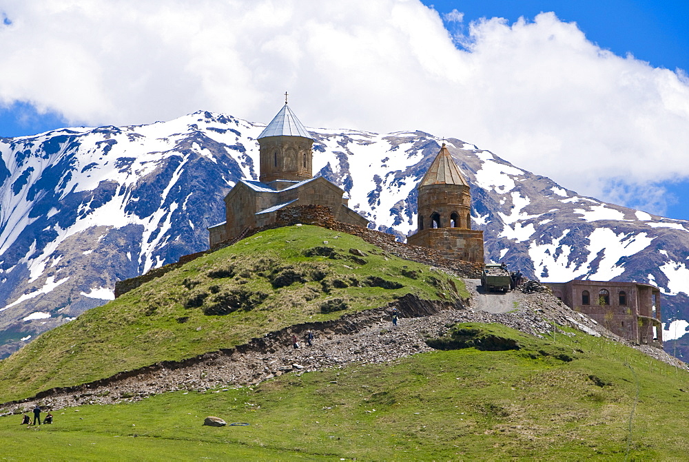 Famous Tsminda Sameba church, Kazbegi, Georgia, Caucasus, Central Asia, Asia