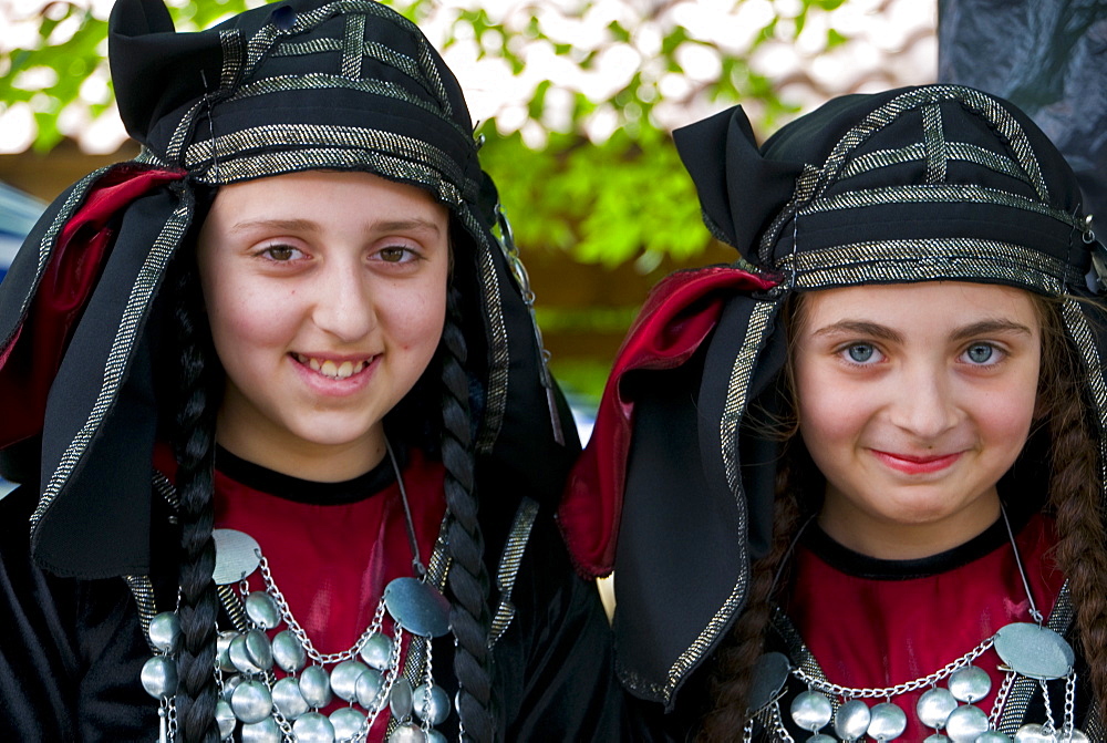 Young traditionally dressed Georgian girls, Sighnaghi, Georgia, Caucasus, Central Asia, Asia