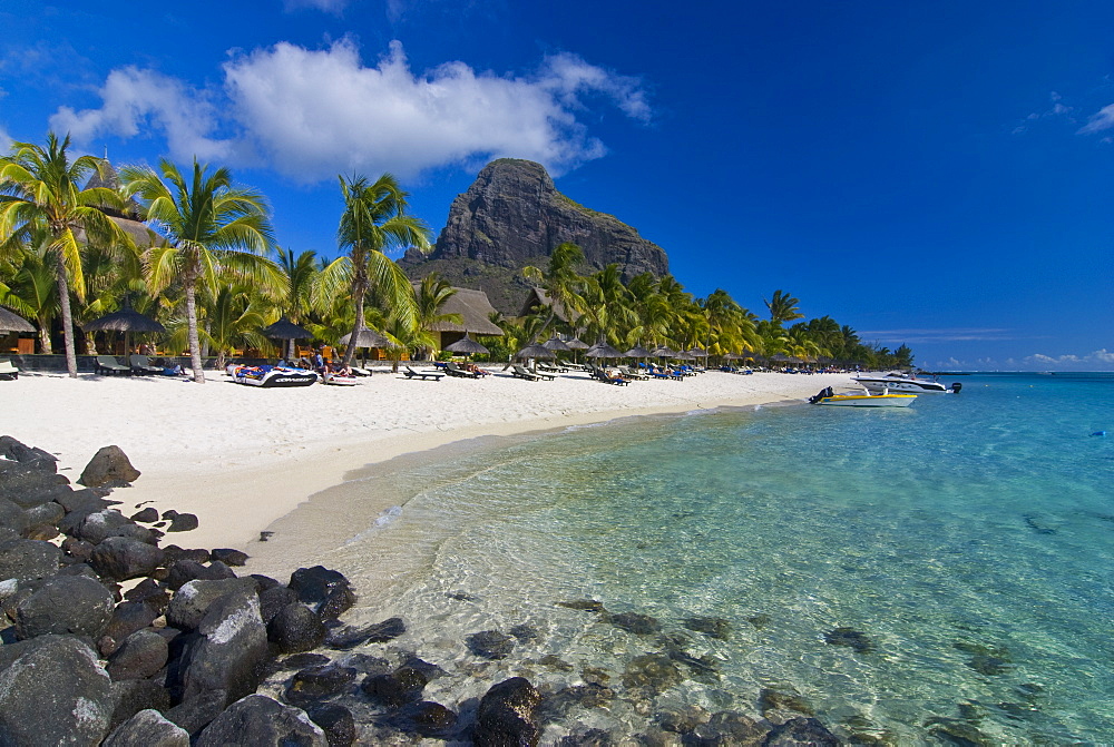 White sand beach of the five star hotel Le Paradis, with Le Morne Brabant in the background, Mauritius, Indian Ocean, Africa