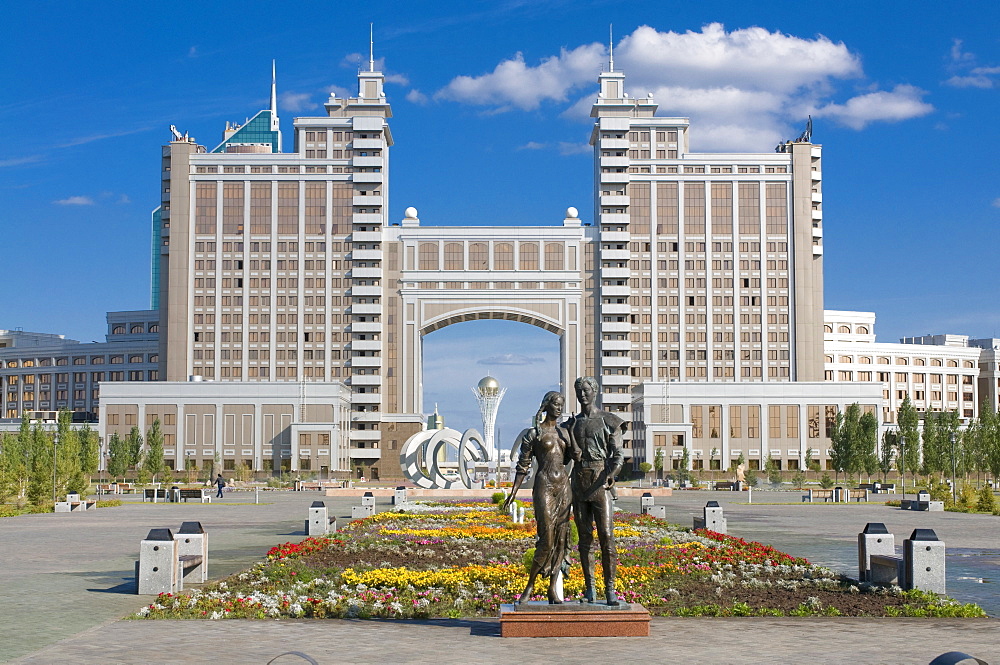 The Kay Munay Gaz building and the Bayterek monument, Astana, Kazakhstan, Central Asia