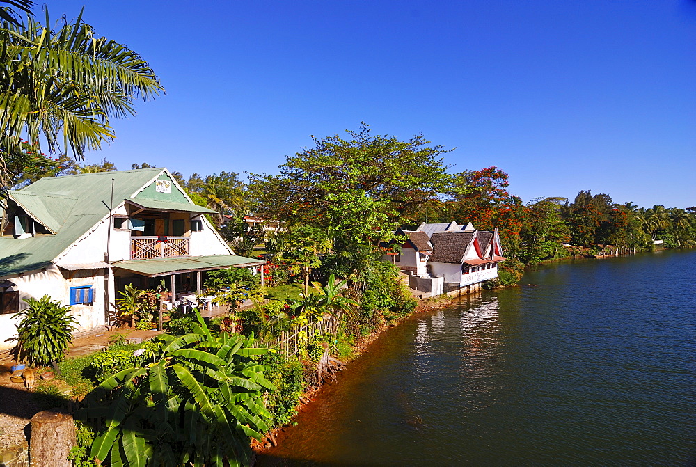 Restaurant along the Manakara River, part of the Pangalanes canal system, Manakara, Madagascar, Africa