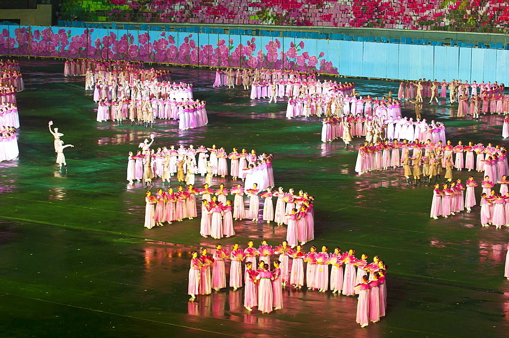 Dancers at the Airand festival, Mass games in Pyongyang, North Korea, Asia