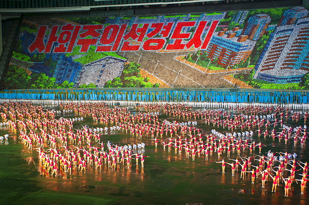 Dancers and Acrobats at the Airand festival, Mass games in Pyongyang, North Korea, Asia