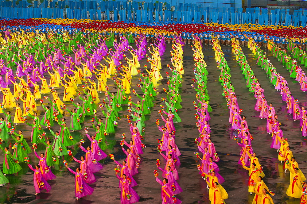 Dancers at the Airand festival, Mass games in Pyongyang, North Korea, Asia