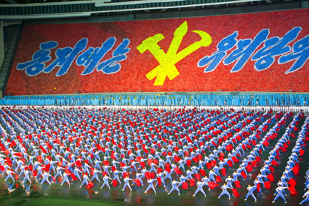 Dancers at the Airand festival, Mass games in Pyongyang, North Korea, Asia