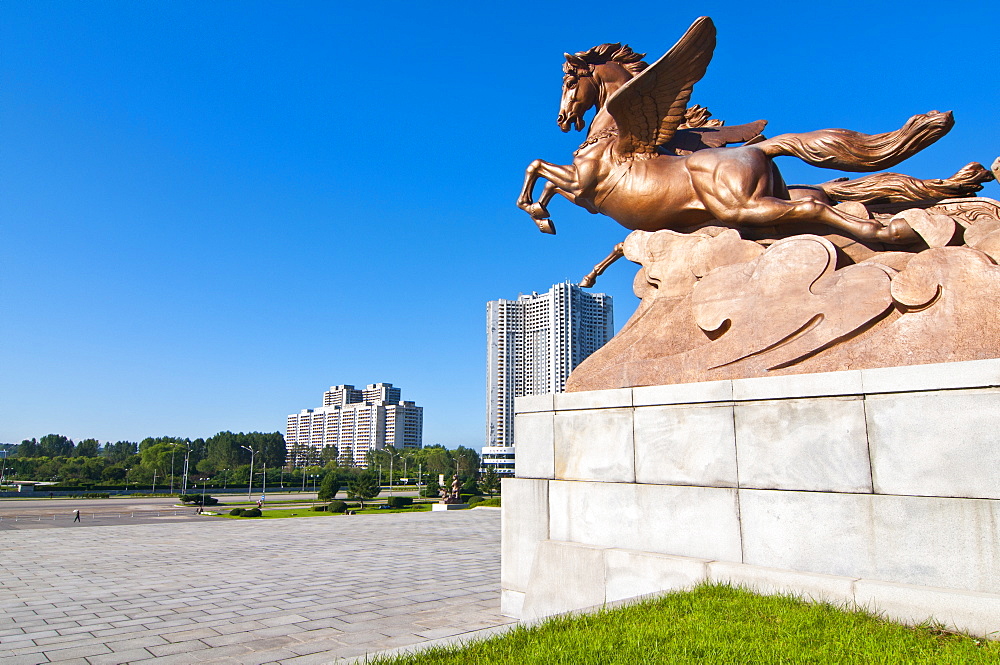 Flying horse monument in front of the Schoolchildrens palace, Pyongyang, North Korea, Asia