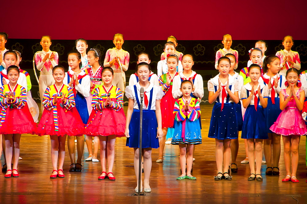 Young girls singing in the Schoolchildrens palace, Pyongyang, North Korea, Asia