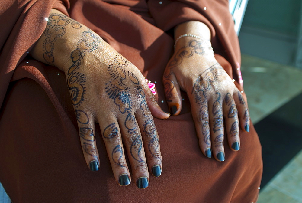 Somali woman's hands covered in henna tattoos, Addis Ababa, Ethiopia, Africa