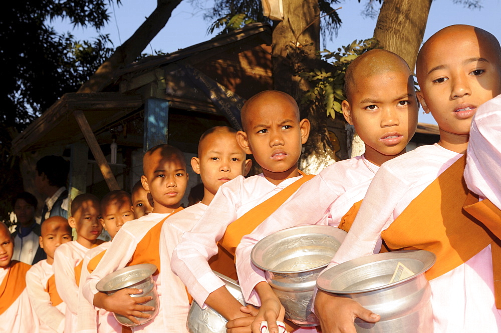 Young female monks waiting to receive rice from donors, Pyay, Myanmar, Asia