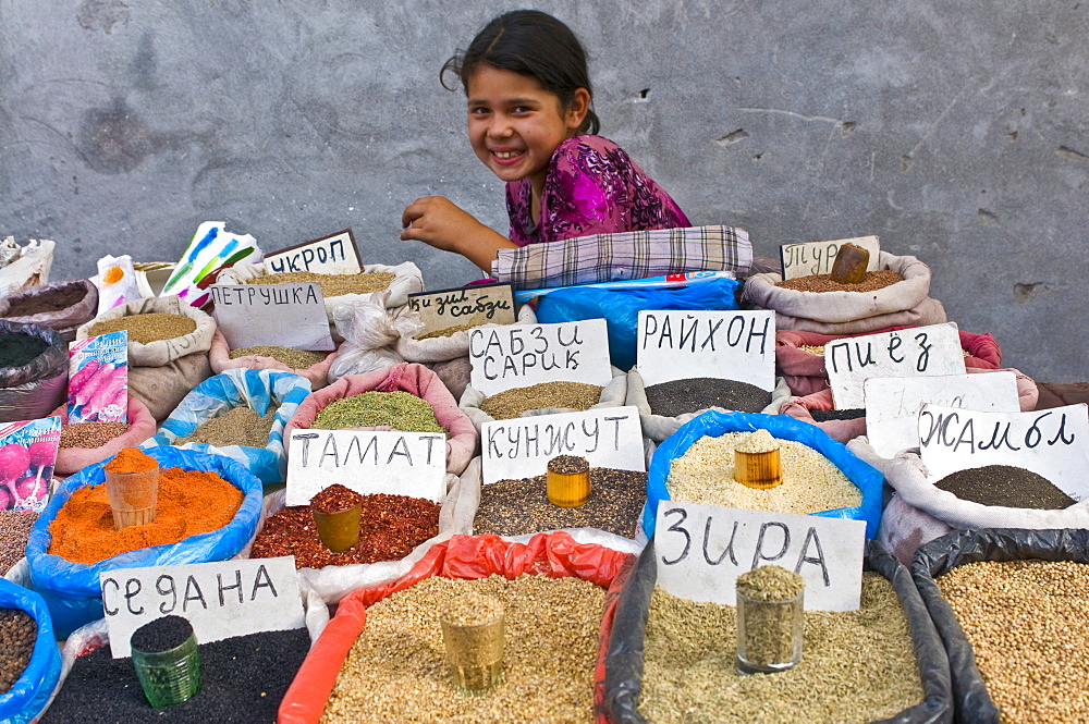 Spices at market stall, Osh, Kyrgyzstan, Central Asia, Asia