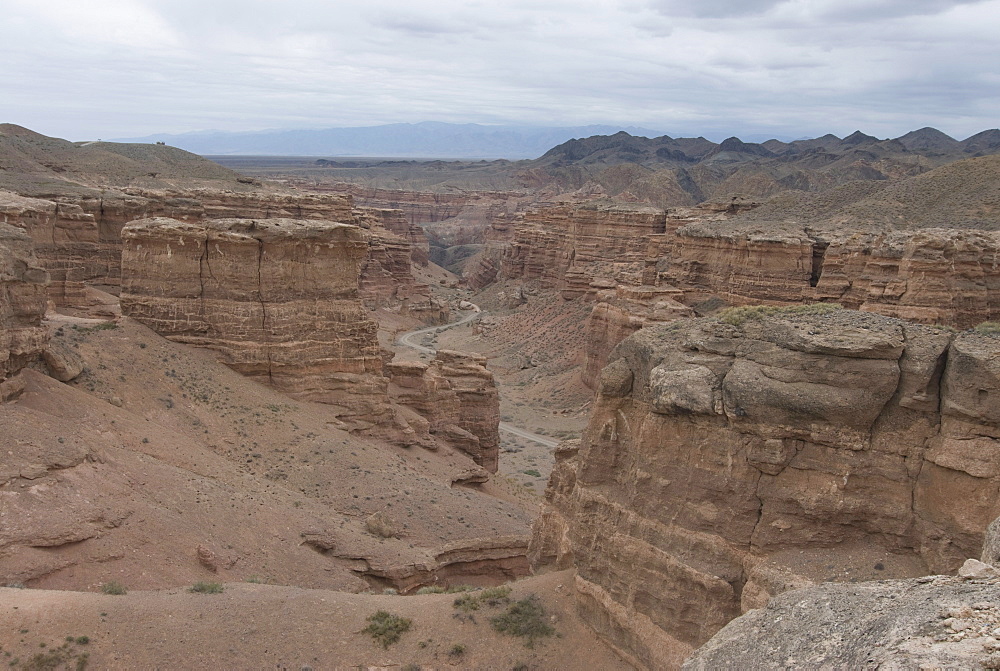 Rock formations in arid landscape at Charyn Canyon, Kazakhstan, Central Asia