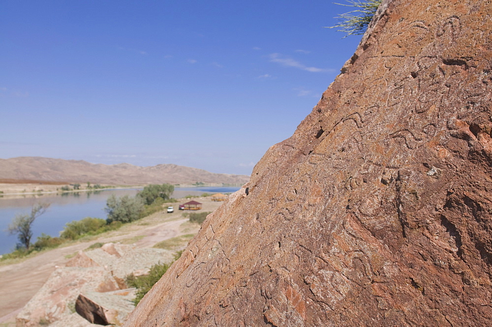 Buddhist rock carvings, Tamagaly Das, Kazakhstan, Central Asia, Asia