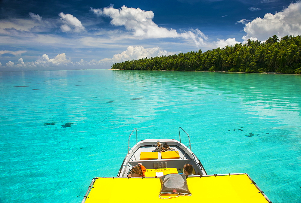 Yellow sundeck of a boat in the Ant Atoll, Pohnpei, Micronesia, Pacific