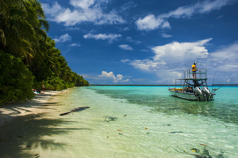 Little motor boat in the turquoise waters of the Ant Atoll, Pohnpei, Micronesia, Pacific