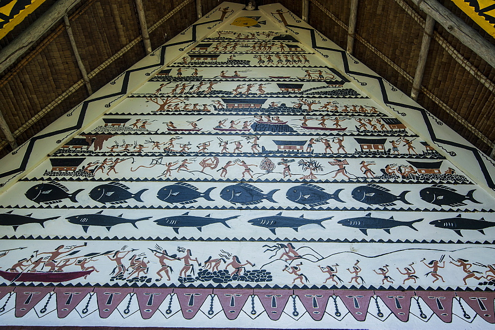 Detail of paintings on the Oldest Bai of Palau, a house for the village chiefs, Island of Babeldoab, Palau, Central Pacific, Pacific