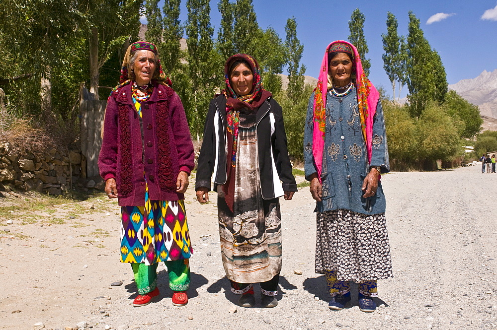 Three old Pamiri women posing for the camera, Langar, Wakhan corrior, The Pamirs, Tajikistan, Central Asia, Asia