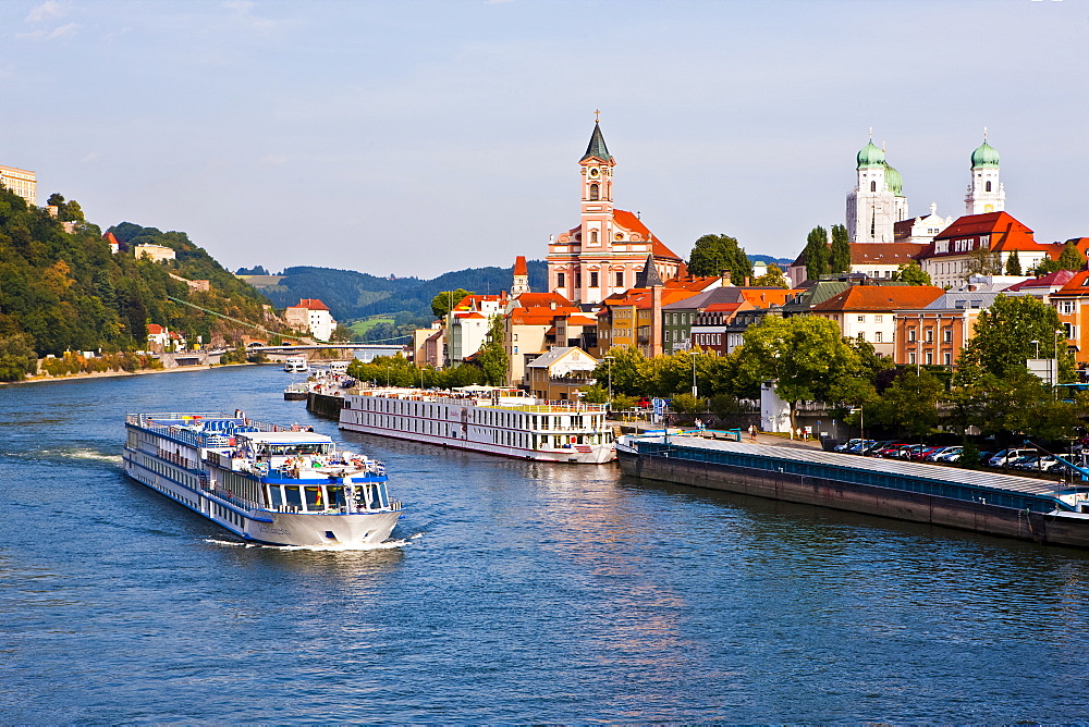 Cruise ship passing on the River Danube, Passau, Bavaria, Germany, Europe 