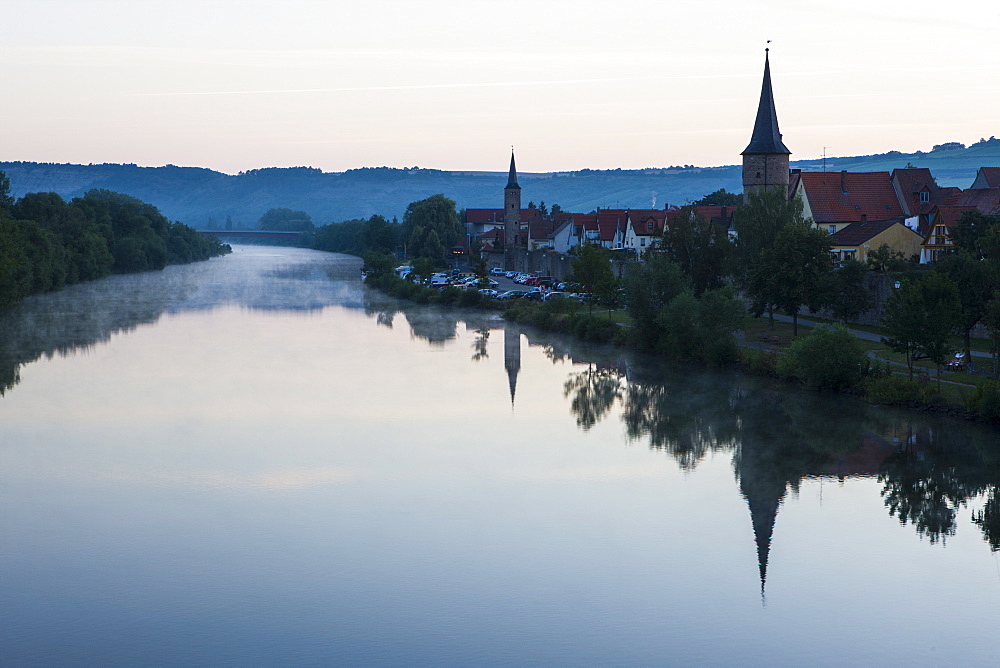 The town of Karlstadt in the Main valley in the morning, Franconia, Bavaria, Germany, Europe 