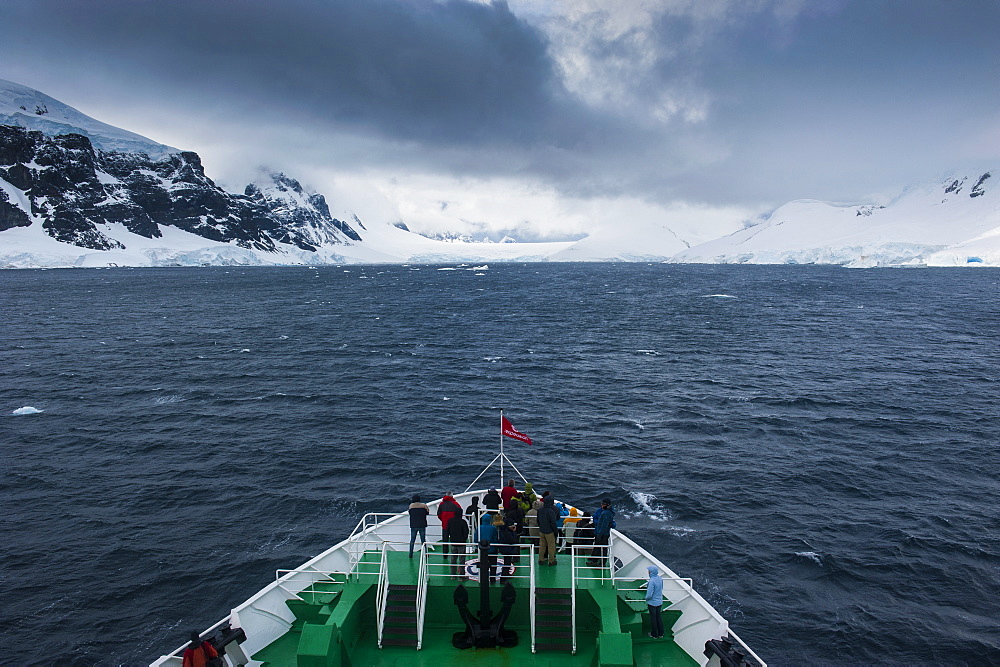 Dark clouds over the mountains and glaciers of Port Lockroy research station, Antarctica, Polar Regions