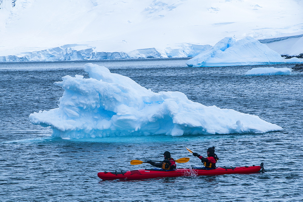 Kayakers paddling through the water near the Port Lockroy research station, Antarctica, Polar Regions