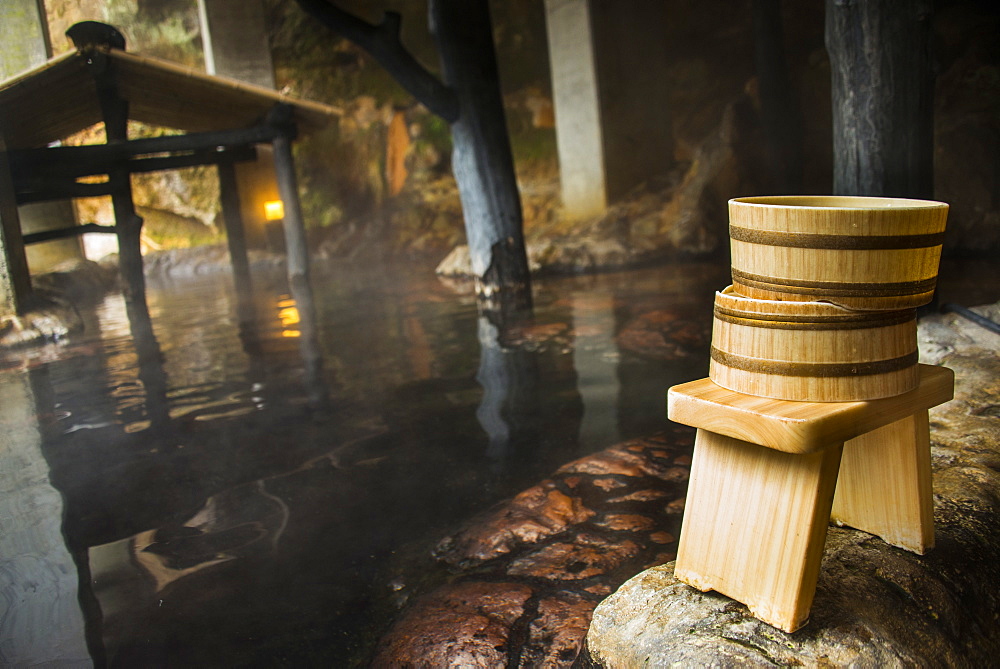 Water bowls in the Kurokawa onsen, public spa, Kyushu, Japan, Asia