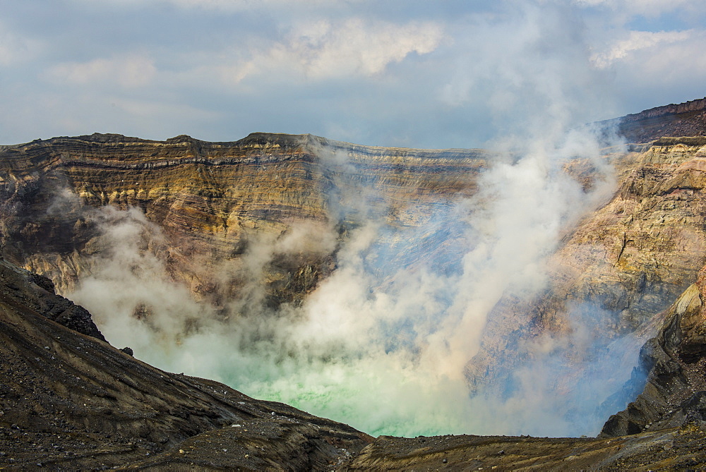 Mount Naka active crater lake, Mount Aso, Kyushu, Japan, Asia