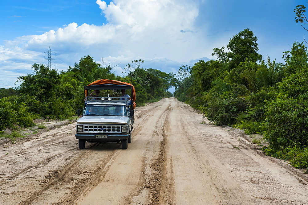 Jeep with tourists driving through the Pantanal, UNESCO World Heritage Site, Brazil, South America