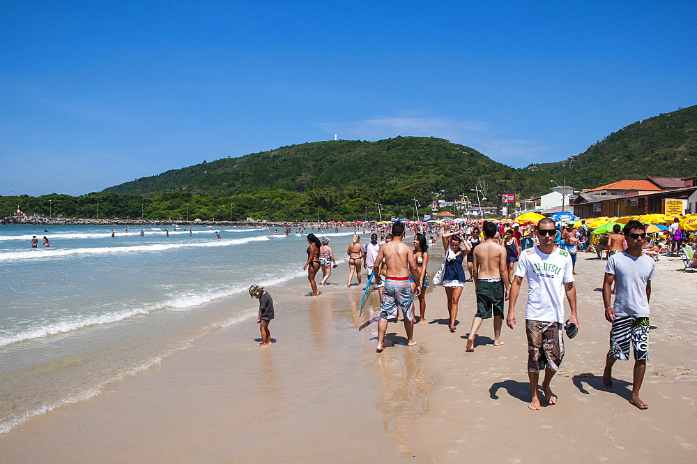 Very busy beach on Ilha Catarina (Santa Catarina Island), Santa Catarina State, Brazil, South America