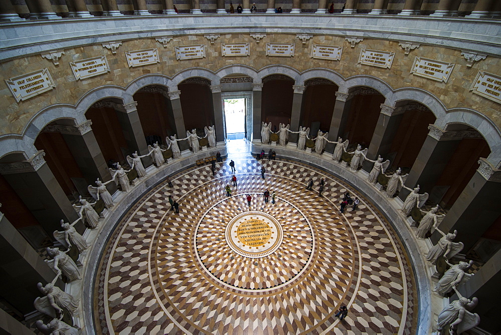 Tourists walking around the Befreiungshalle (Hall of Liberation) upon Mount Michelsberg above the city of Kelheim, Bavaria, Germany, Europe