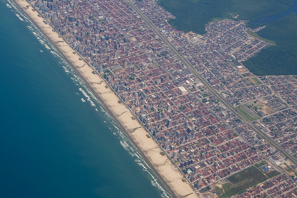 Aerial of the beach of Mongagua near Sao Paulo, Brazil, South America