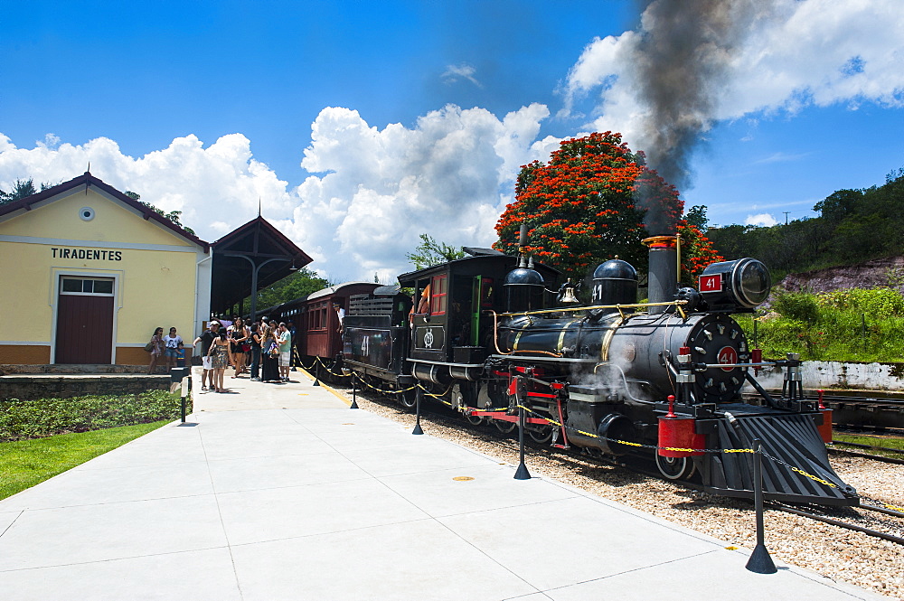 Historical steam train Maria Fuma ßa in Tiradentes, Minas Gerais, Brazil, South America