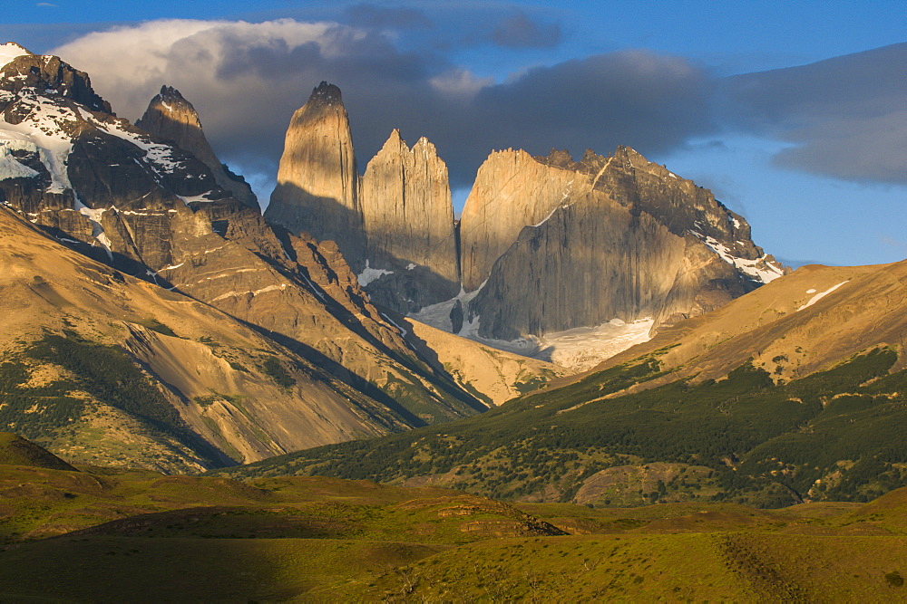 Early morning light on the towers of the Torres del Paine National Park, Patagonia, Chile, South America