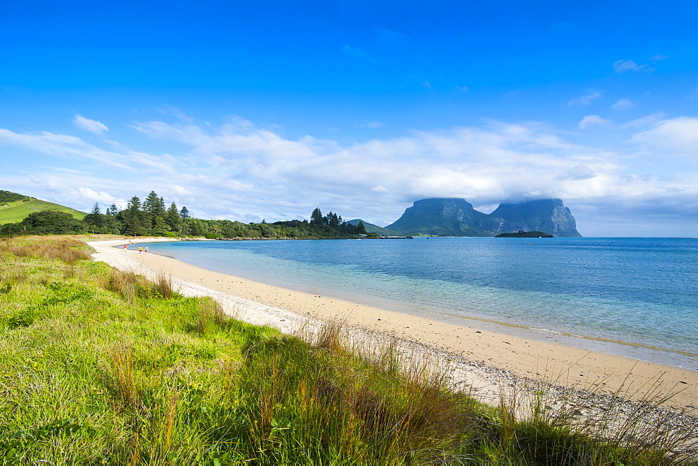 Deserted beach with Mount Lidgbird and Mount Gower in the background, Lord Howe Island, UNESCO World Heritage Site, Australia, Tasman Sea, Pacific