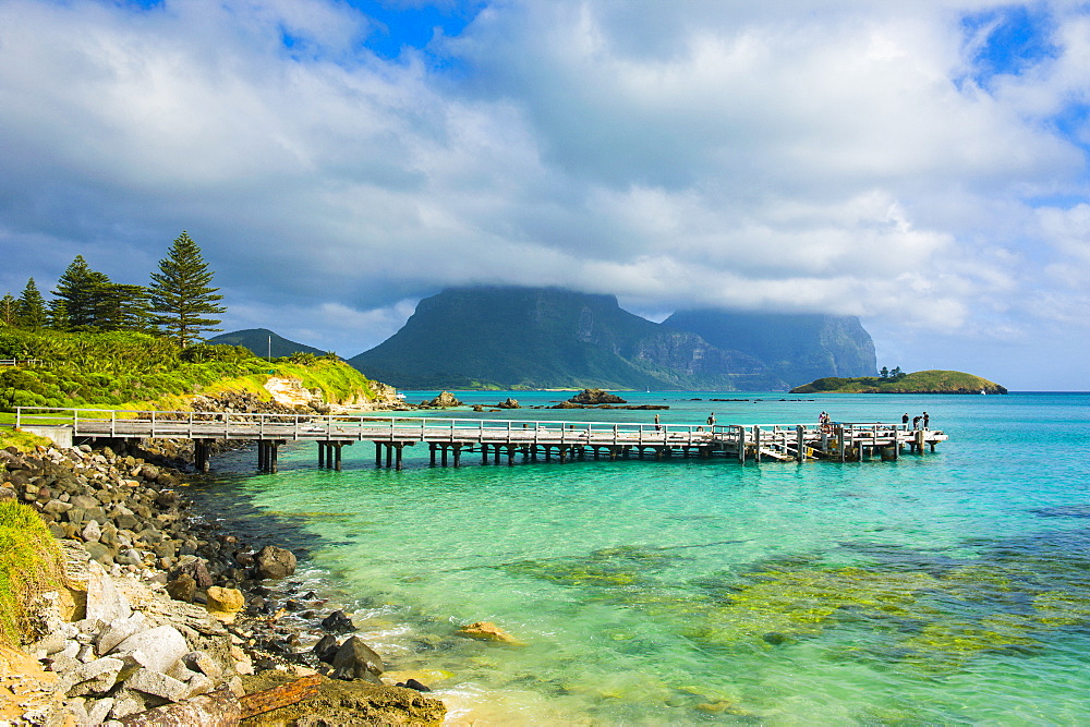 View of pier with Mount Lidgbird and Mount Gower in the background, Lord Howe Island, UNESCO World Heritage Site, Australia, Tasman Sea, Pacific