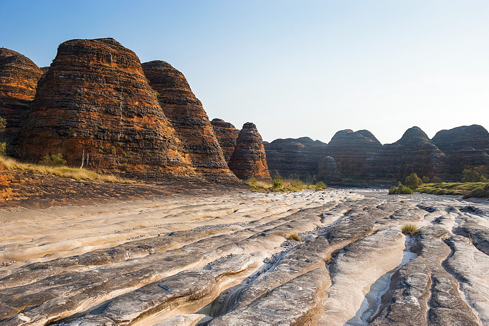 Dry river and beehive-like mounds in the Purnululu National Park, UNESCO World Heritage Site, Bungle Bungle mountain range, Western Australia, Australia, Pacific