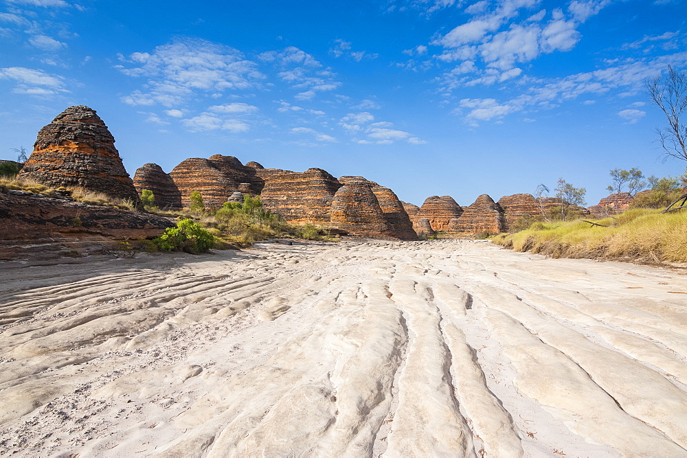 Dry river before the the beehive-like mounds in the Purnululu National Park, UNESCO World Heritage Site, Bungle Bungle mountain range, Western Australia, Australia, Pacific