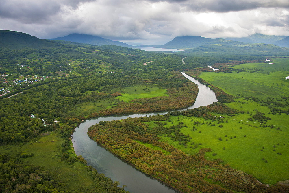 Aerial of a river bend in the untouched south of Kamchatka, Russia, Eurasia 