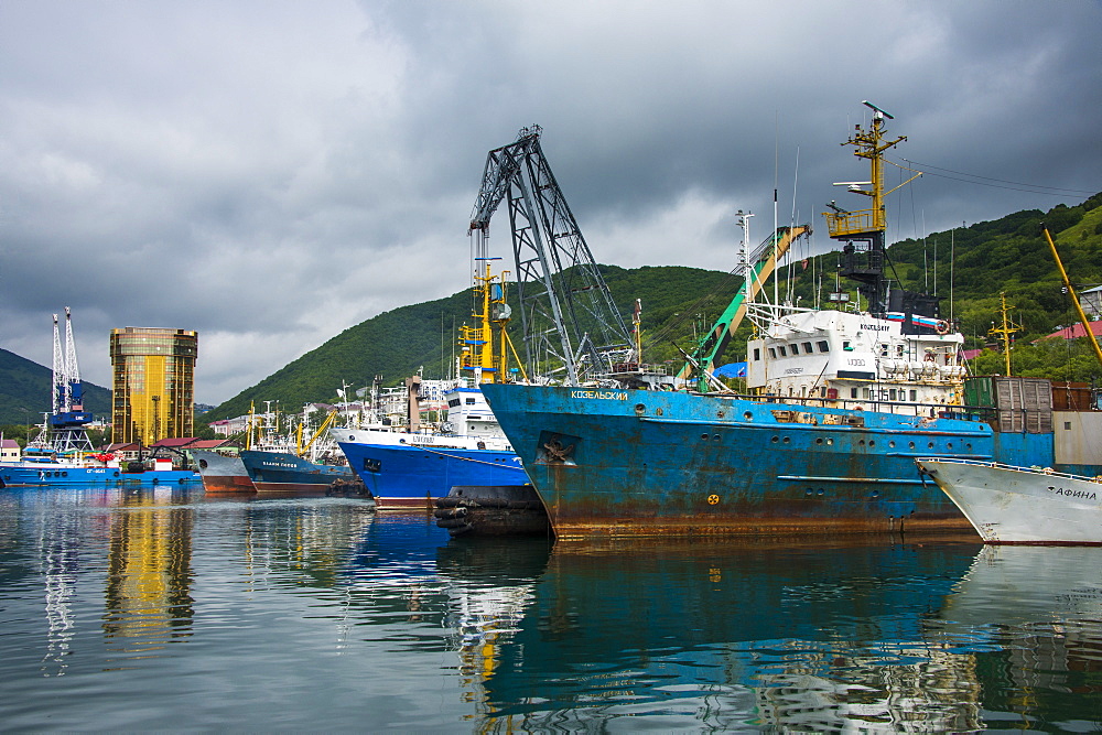 Fishing trawlers in the habour of Petropavlovsk-Kamchatsky, Kamchatka, Russia, Eurasia