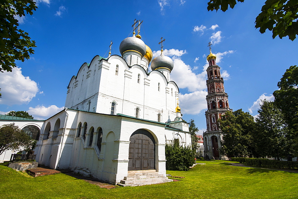 The bell tower and the Smolensk Cathedral in the Novodevichy Convent, Moscow, Russia, Europe